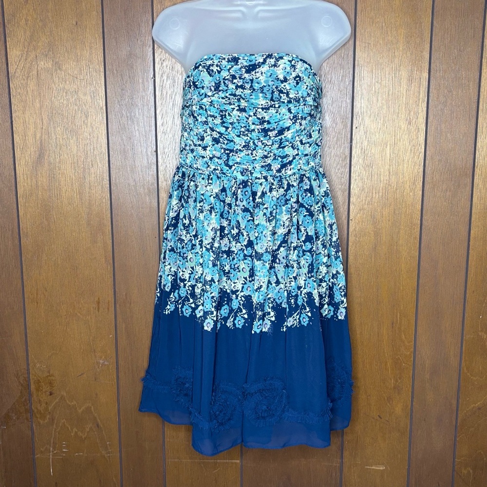 Lauren Conrad Strapless Dress 6 Blue Floral Chiffon Ruched Boho Cottagecore